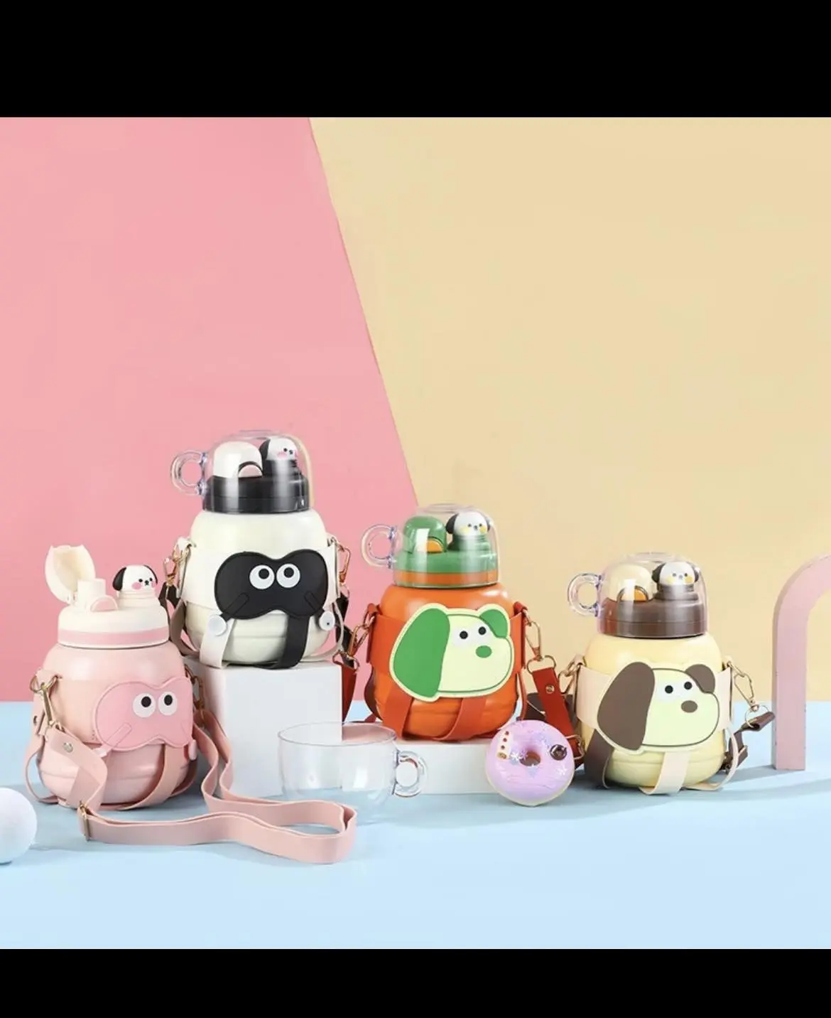 Bình giữ nhiệt nắp chú cừu 900ml kiểu dáng dễ thương có túi bọc và dây đeo tặng sticker dán