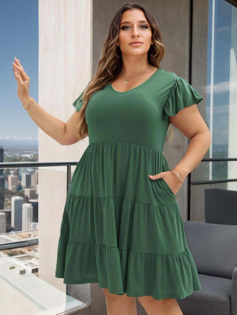 Product Introduction of 【Plus Size】 Solid Color Ruffle Hem Dress, Elegant Short Sleeve V Neck Dress for Women, Women's Plus Clothing for Summer 3