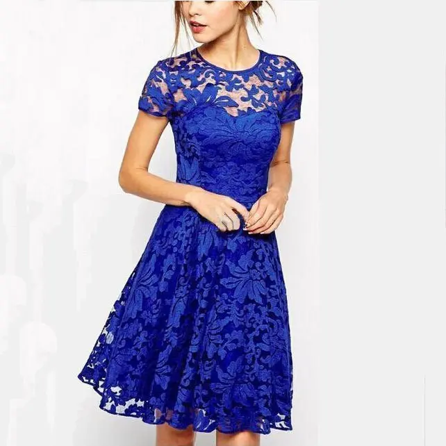 1pcs fashion round neck short sleeve blue lace lace dress for women Casual Womenswear