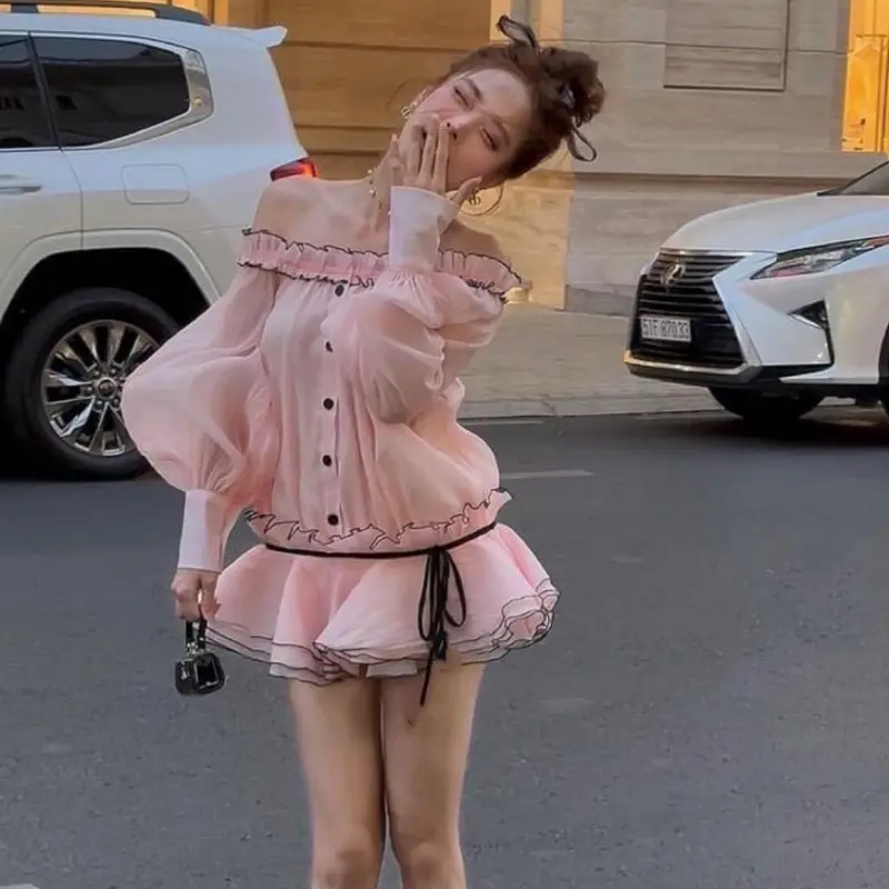 Váy trễ vai bèo viền đen chất tơ xốp dáng bí có quần rời - Nữ - Women - Tre Dress Teheeshop váy  tiệc 6