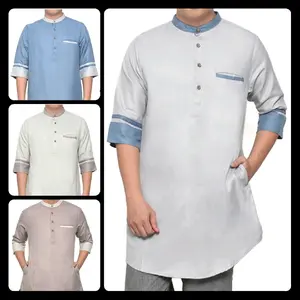Baju Koko Kurta Pria Dewasa Lengan Tiga Per Empat Warna Biru Cream Coklat Abu Bahan Katun / Kurta Dewasa M2103
