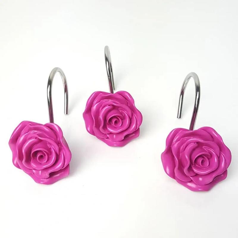 12Pcs Smooth Glide Rose Flower Design Shower Curtain Hook Free Sliding Decorative Hooks Shower Curtain Rings Rustproof Anti-Drop Shower Rod Ring Bathroom 7