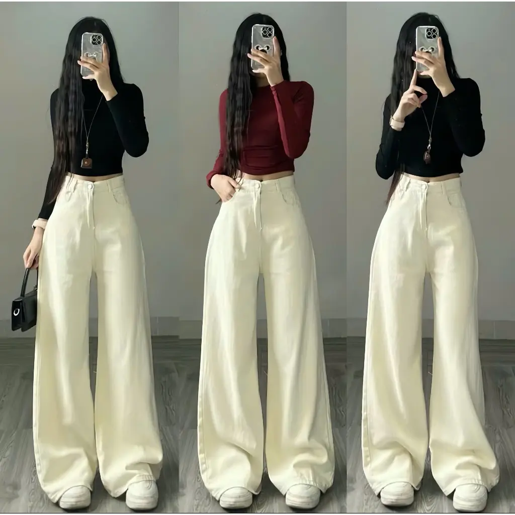 Quần jeans bò màu kem ống suông rộng phong cách Hàn Quốc