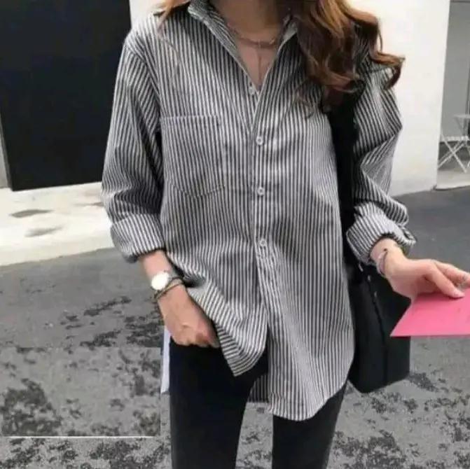 Nara blouse/kemeja wanita salur/Korean blouse/atasan wanita terbaru 2025 viral/Kemeja Wanita Korean style Polyester katun