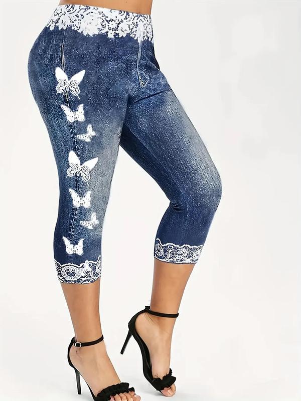 Women's Butterfly & Denim-Effect Print Elastic Waist Capri Leggings, Casual Comfy High Waist Skinny Pants for Daily Wear, Ladies Summer Bottoms 3