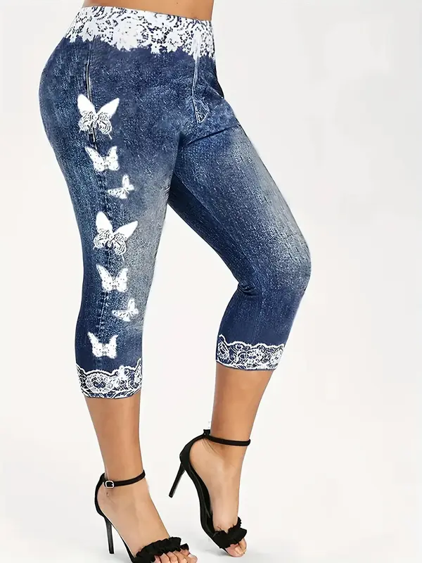 Women's Butterfly & Denim-Effect Print Elastic Waist Capri Leggings, Casual Comfy High Waist Skinny Pants for Daily Wear, Ladies Summer Bottoms 3