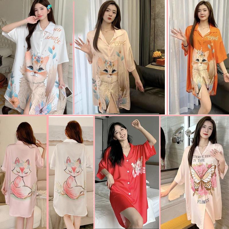   lụa latin K Quần   Váy ngủ sơ mi lụa Latin Hisexy đầm mặc nhà suông rộng thoải mái in hình cao cấp SM16 Nữ Women Dress 