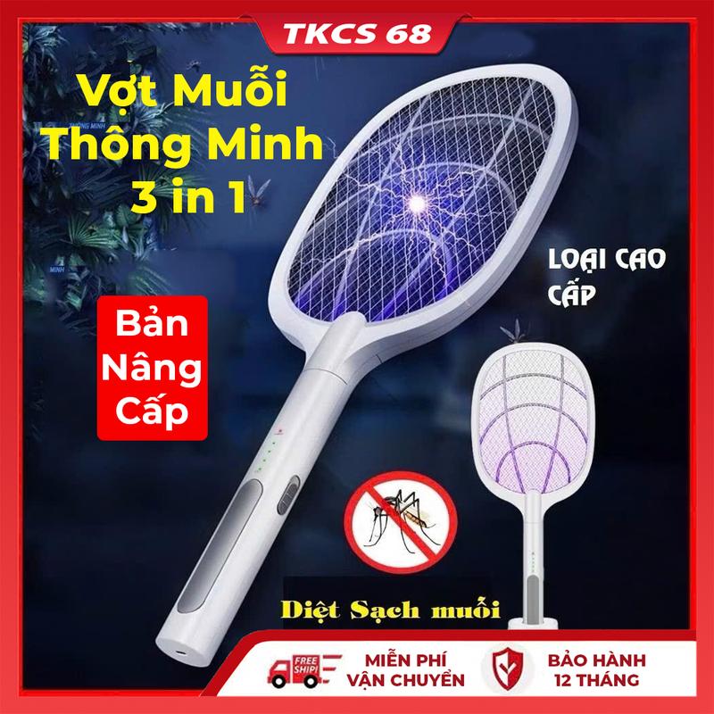  Vợt bắt muỗi kiêm đèn bắt muỗi thông minh tự động 2in1 có đế cắm sạc cao cấp  pin 1200mAh tích hợp đèn led ánh sáng 