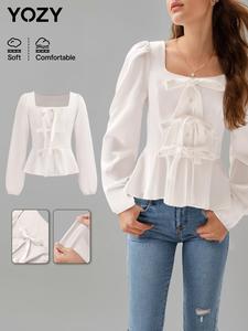 YOZY Women's Plain Bow Decor Button Front Blouse, Casual Bishop Sleeve Square Neck Top for Spring & Fall, Women's Clothing for Daily Wear