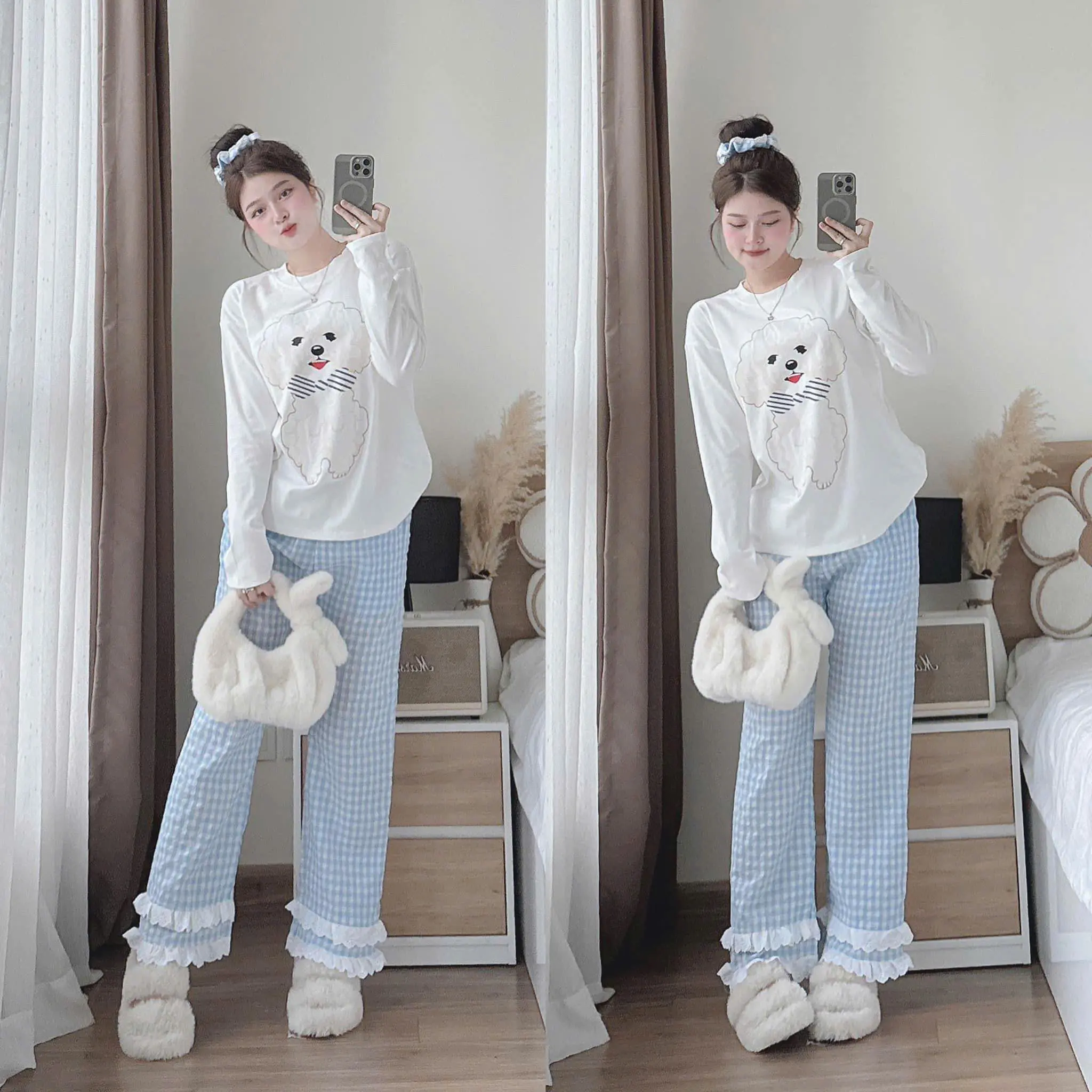 Set Đồ Nữ Áo Tăm In Họa Tiết Cute + Quần Đũi Caro Phối Viền Ren Tone Màu Teen Siêu Xinh Diện Ở Nhà, Đi Chơi