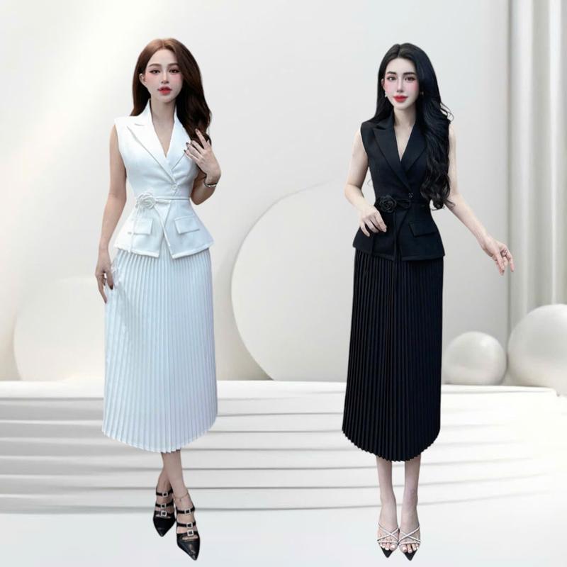 Set vest thiết kế CRAZYTEEN S5495 dành cho nữ gồm áo vest gile và chân váy dập ly để đi chơi ( Áo vest gile/ Chân váy dập ly/ Dây cột/ Tag hoa )