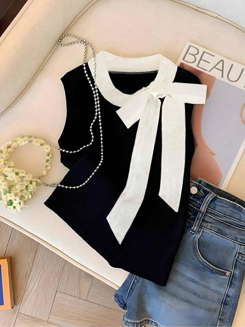 Product Introduction of Women's Colorblock  Bow Decor  Sweater Vest, Elegant Casual Sleeveless Knit  Top for Daily Wear, Ladies Clothes for All Seasons 1