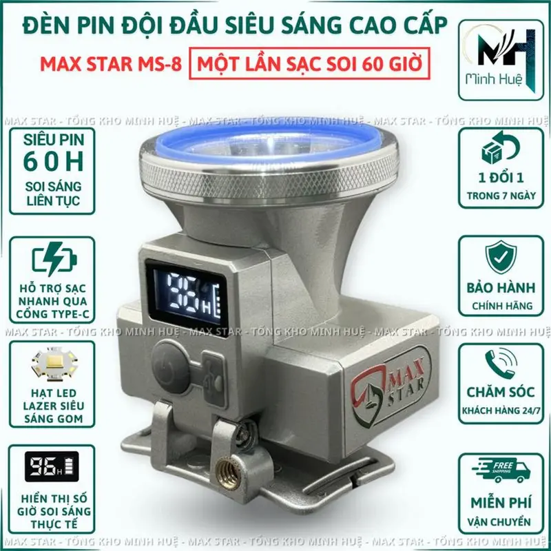 Đèn pin đội đầu siêu sáng chất lượng cao, chống nước, thời gian soi sáng lên tới 60 giờ tối đa cho mỗi lần sạc. Sử dụng chân cáp sạc TYPE-C cao cấp 0