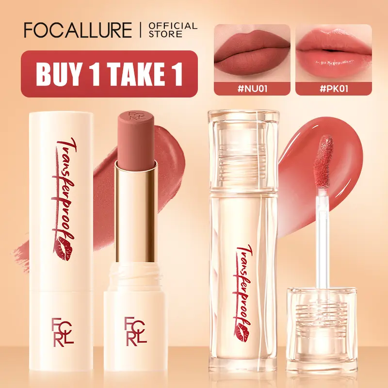 【BUY 1 TAKE 1】FOCALLURE Lip Makeup 2PCS Water Gloss Lip Glaze & Long-lasting Matte Lipstick Moisturizing Translucent Non-stick Cup Lip Tint Beauty Set