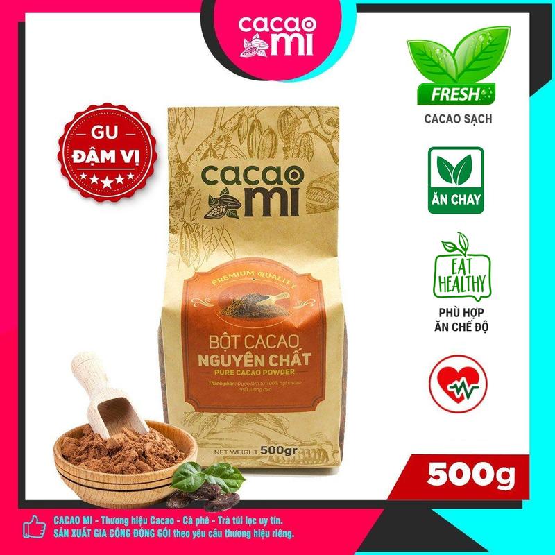 Bột ca cao nguyên chất không đường bơ 13-17% CACAOMI Premium gu đậm vị cacao tự nhiên dành cho quán Cafe chuyên pha chế đồ uống sô cô la nóng trà sữa làm bánh granola chocolate sữa chua túi 500g cacaomi