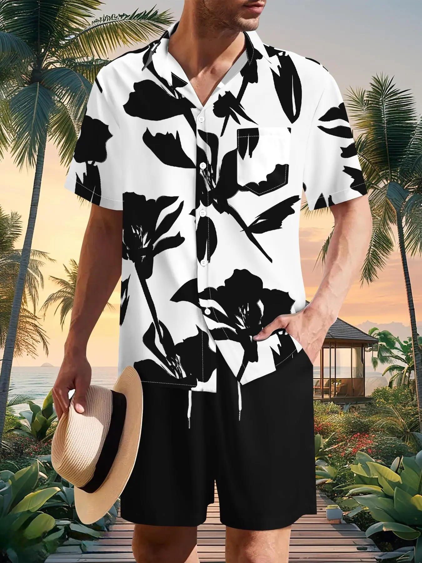 Two-Piece Set Men's Floral Print Shirt & Shorts Set, Regular Fit Casual Short Sleeve Collared Top & Shorts, Men's Summer Set for Vacation Holiday Beach