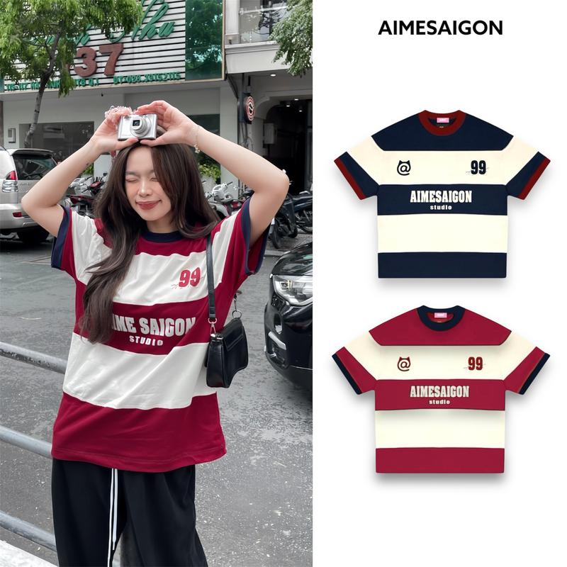 Áo Thun Form Rộng Aimé Cotton 250gsm Tay Lỡ Phối Bo Cổ Sọc Ngang Thể Thao Unisex Nam Nữ - Aimesaigon Menswear Cổ Tròn
