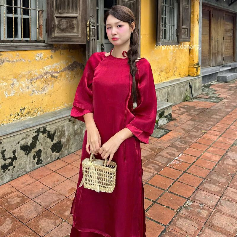 (HÀNG CÓ SẴN) Áo dài voan tơ 4 tà UYỂN DƯ cutout vai phối nơ đính ngọc kèm quần phi bóng HAVANA AD92