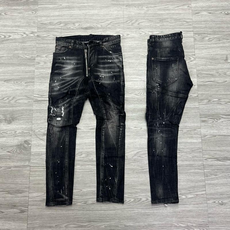 QUẦN JEAN NAM D2-24 DÁNG BIKER KHOÁ LỆCH ĐEN RÁCH VẨY SƠN 4 CÚC , BÒ DÀI CAO CẤP , CO DÃN , PHOM ÔM CHÂN D-S-Q , Có Túi