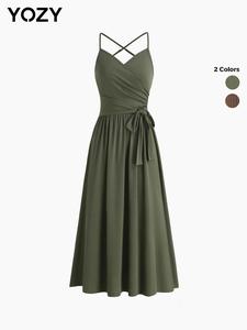 YOZY Women's Plain Criss Cross Backless Cami Dress, Casual Ruched Sleeveless Spaghetti Strap Dress for Spring & Fall, Holiday Dresses, Women's Clothing for Daily Wear