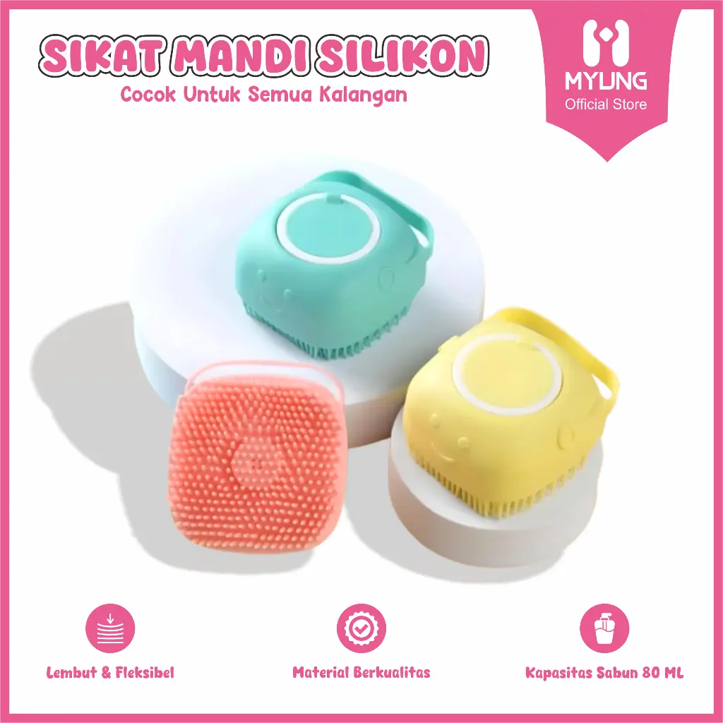 MYUNG Sikat Mandi Penggosok Wajah & Badan Silikon Dengan Tempat Sabun 80 ML
