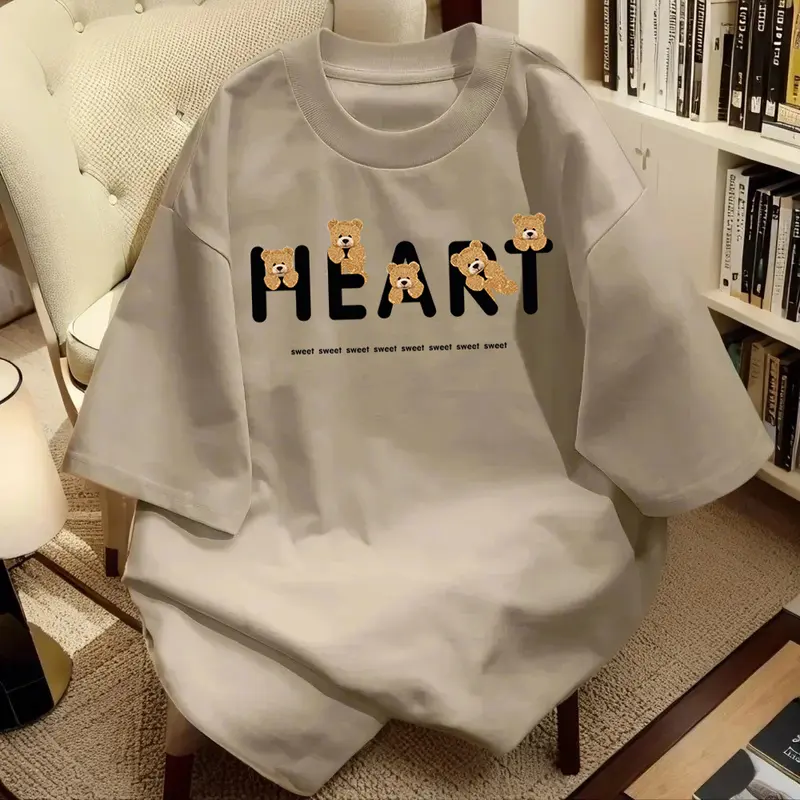 Áo Thun Nữ, Phong Cách Hợp Xu hướng Chất Liệu Cotton Nguyên Chất, Thiết Kế Hình Gấu Hoạt Hình, Thường Ngày Và Dễ Thương, Dễ Phối Đồ Áo Ngắn Tay Hàng Mới Về 6