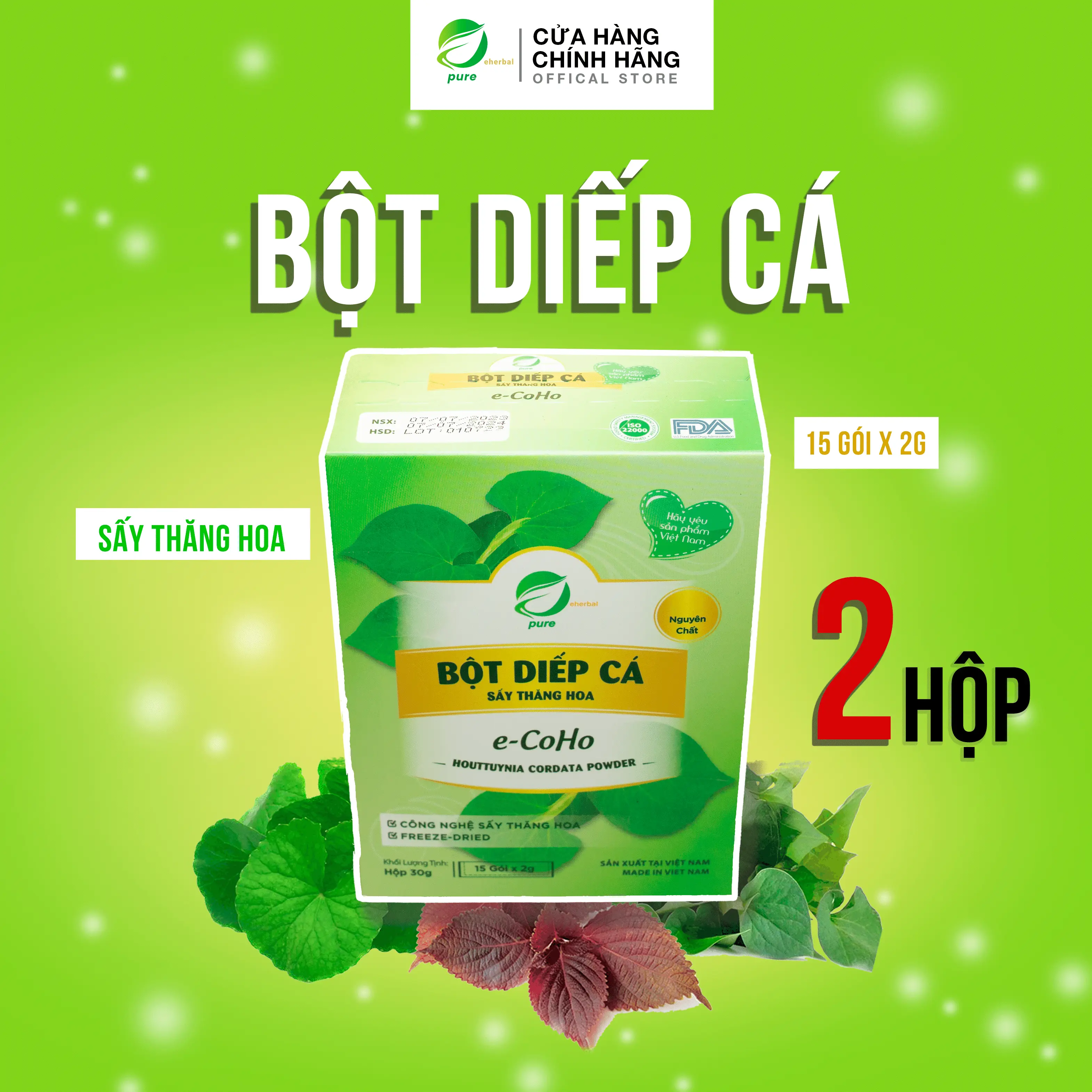 [Combo 1 tặng 1] Bột Diếp Cá Nguyên Chất EHERBAL (2 hộp 30 gói)