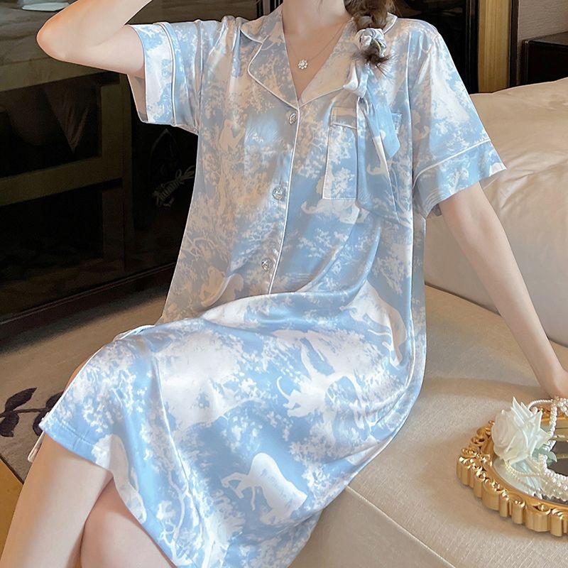 Product Introduction of Ice Silk Nightdress for Women Long Dress Summer 2025 New Ins Style High-Value Jungle Print Shirt Pajama Dress 1