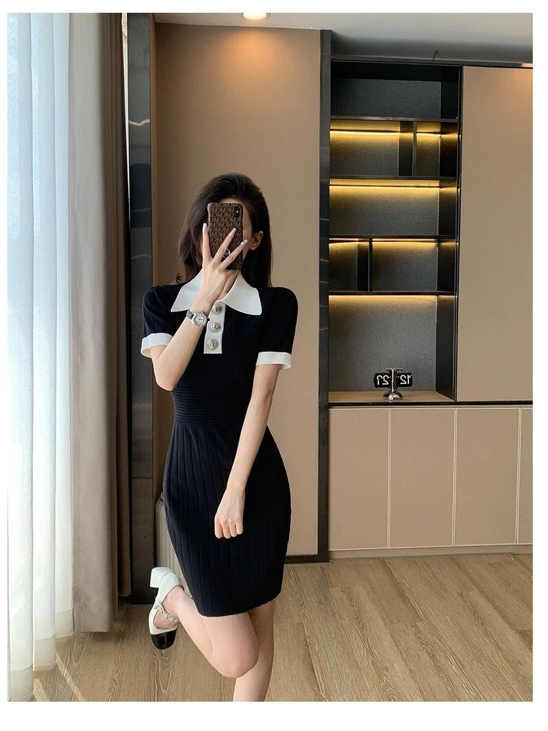 Product Introduction of Váy Dệt Kim Lụa Lạnh Cổ Polo Phong Cách Cổ Điển, Ôm Vừa Vặn, Váy Bodycon Ngắn, Cao Cấp, Hàng Mới Về Mùa Hè 24 Năm Nữ Dress Đen 18