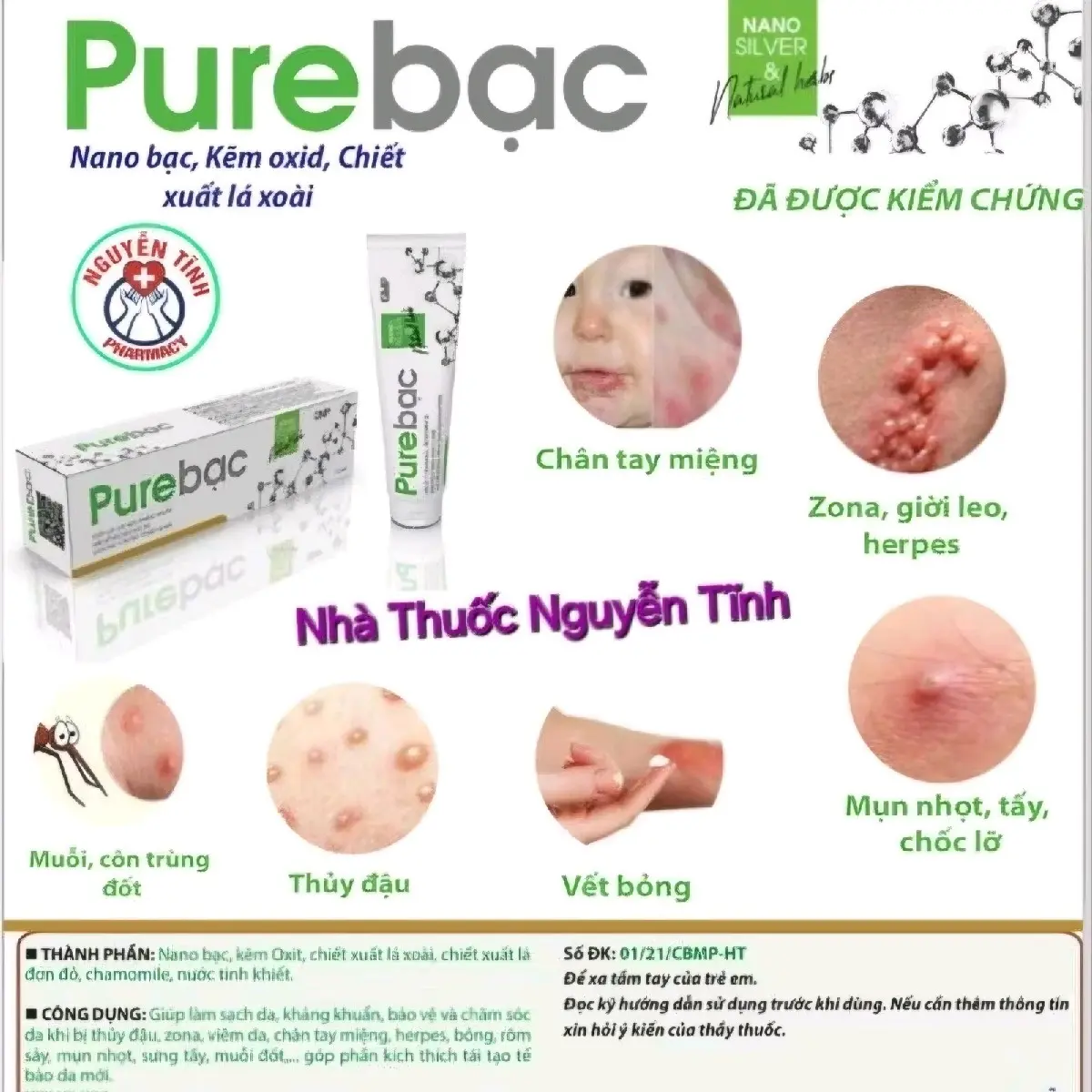 kem bôi da Pure bạc kháng khuẩn, bảo vệ da, khi bị thủy đậu, viêm da, chân tay miệng, mụn nhọt, bỏng, zona