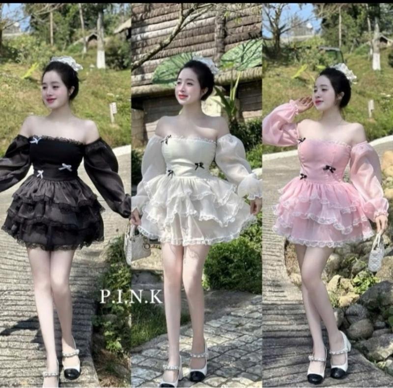 Product Introduction of ￼Đầm cúp hở vai tay dài dáng váy xòe phối ren đính nơ - Women, Nữ 16