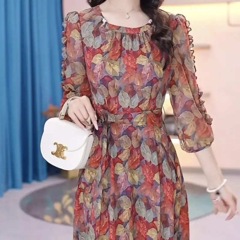 FADFAD [SHORT VIDEO] Gaun rok elegan motif bunga pinggang ramping dengan lengan panjang dan terdapat variasi tali pinggang 2