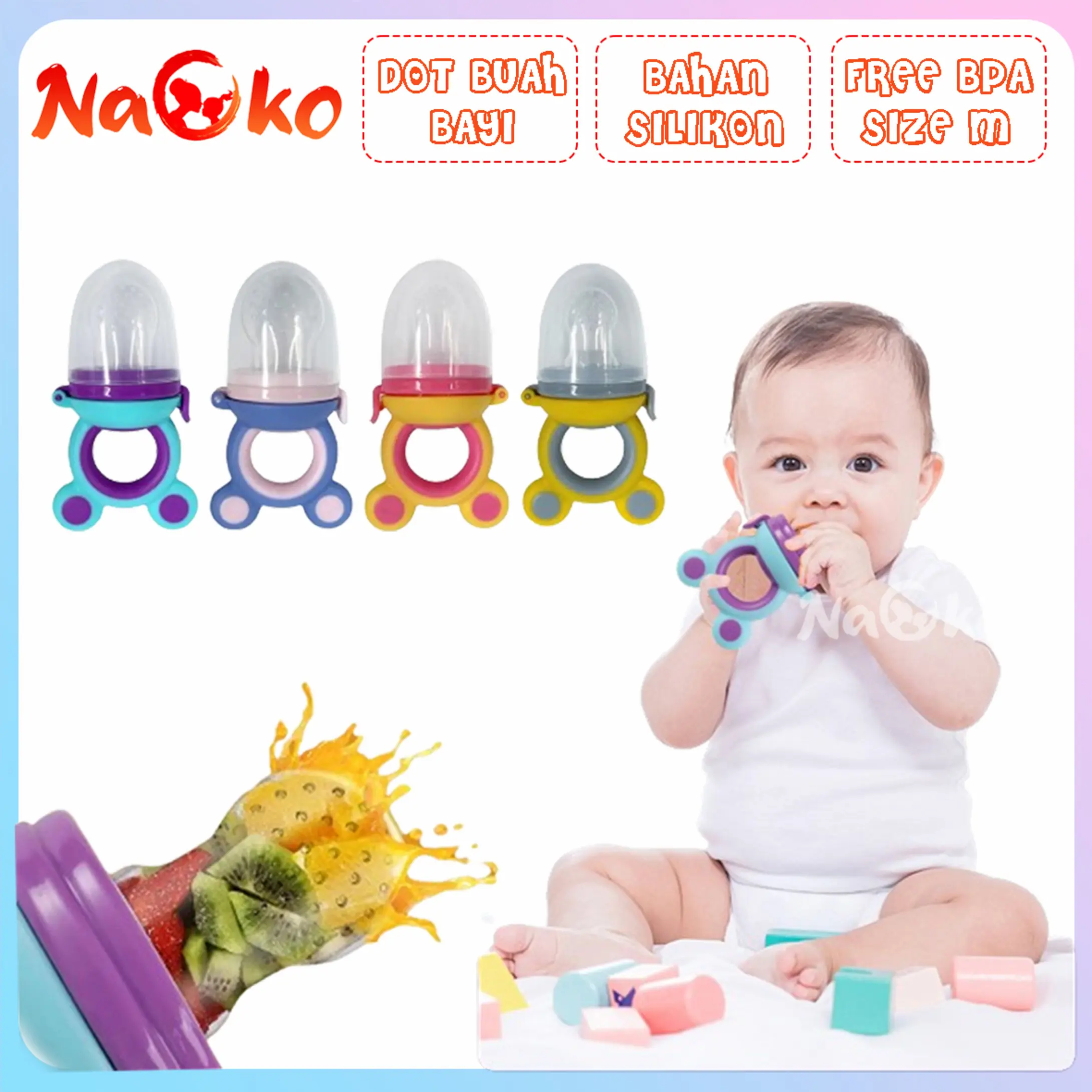 NAOKO Dot Buah Empeng Bayi/ Baby Fruit Feeder Silicon/ BPA FREE Bayi Blue Pink