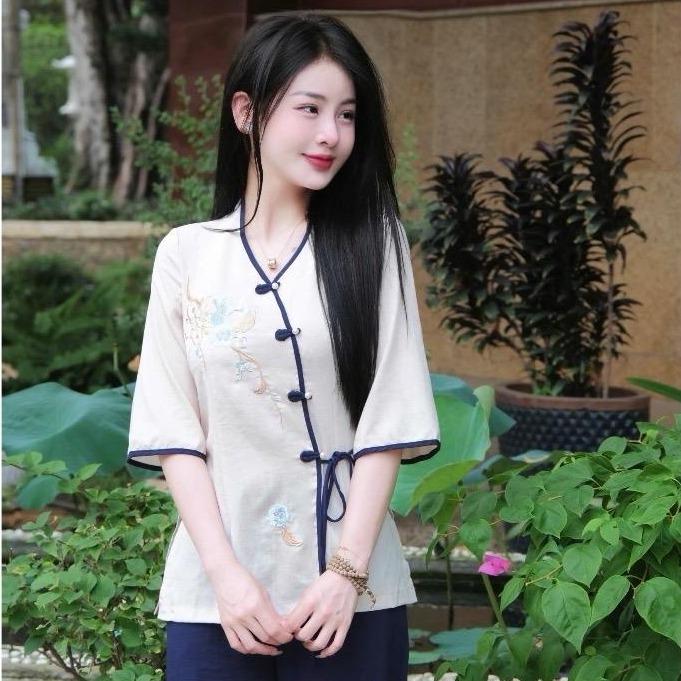 Set Bộ Đồ Lam Nữ Đi Chùa Chất Liệu Vải Đũi Hoa Văn Trang Nhã- DL050 Áo Top Women Trắng-Xanh-Đỏ