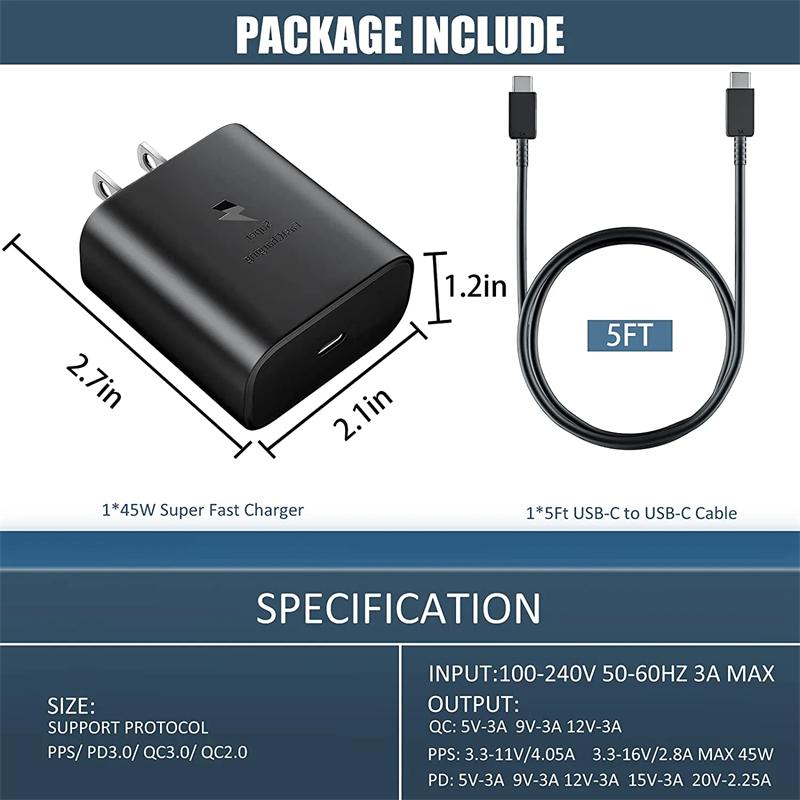 Product Introduction of for sαmsung 45W 25W Super Fast Charging USB-C Wall Charger PD 3.0 Type C Fast Charger US Plug Power Adapter For sαmsung Galaxy S23 S22 S21 S20 Ultra Note 20 Note 10 A73 A54 A53 A34 A33 A32 A24 A13 A14 5G With 3A Type C Cable 21