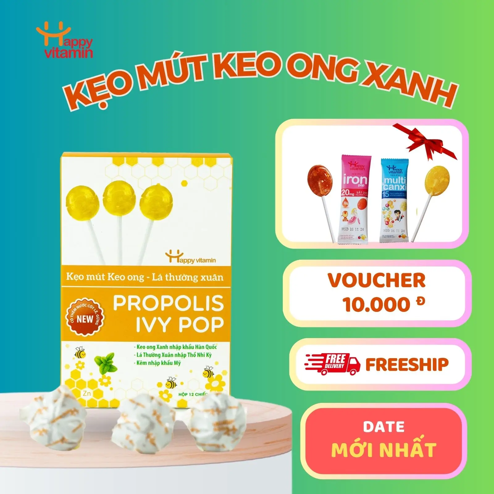 Kẹo mút ho keo ong xanh lá thường Xuân- Happy Vitamin ngậm