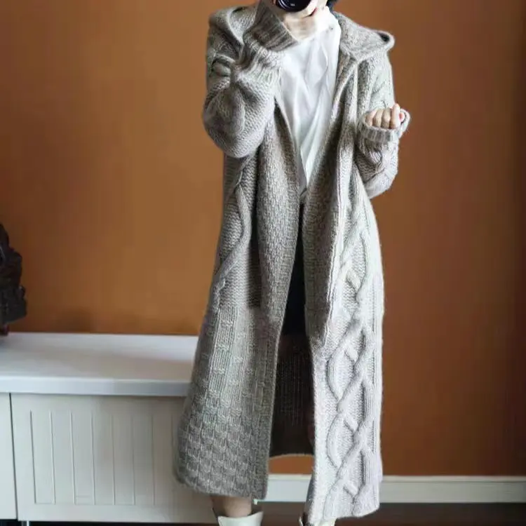 Áo Len Hàn Quốc Cho Nữ, Áo Khoác Dài, Áo Cardigan Dáng Rộng, Có Mũ, Dày, Cáp, Áo Len Dệt Kim