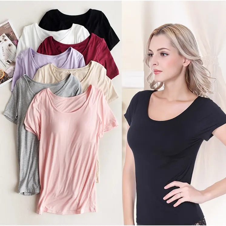 Japan Bra-T Women Elastic Basic T-Shirts With Chest Pad Plain Solid Modal Tops Padded Lady Summer Comfortable Soft Womenswear Lingerie