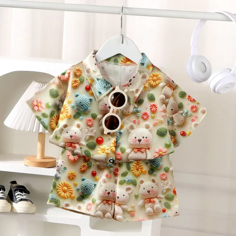 Bộ Áo Sơ Mi ngắn Tay Và Quần Đùi Cho Trẻ Em, Hàng Mới Về, Phong Cách Hàn Quốc, Thời Trang Hợp Xu hướng Hàn Quốc, Dành Cho Bé, Thiết Kế 3D Dễ Thương 0