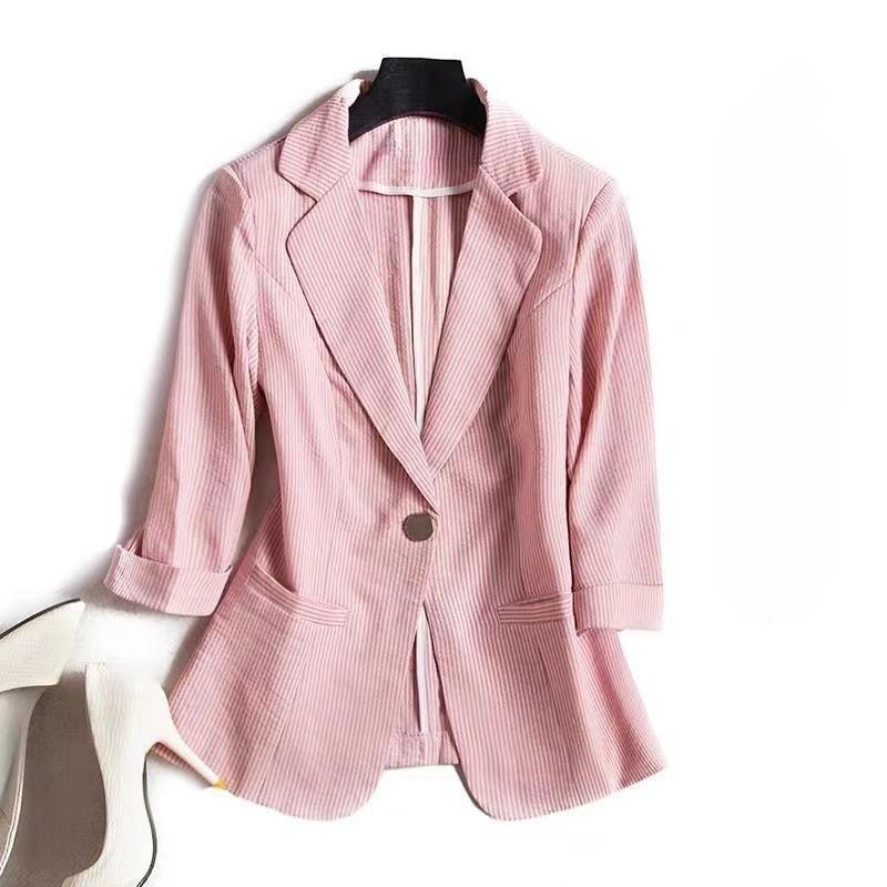 Áo Khoác Blazer Nữ, Kẻ Sọc, Dáng Ôm, Tay Áo Ba Phần Tư, S-3XL, Thích Hợp Cho Mùa Xuân, Mùa Hè Và Mùa Thu, Thời Trang, Thường Ngày, Thanh Lịch, Bộ Đồ Công Sở, Có Màu Đen, Trắng, Hồng Và Xanh Lá Cây 1