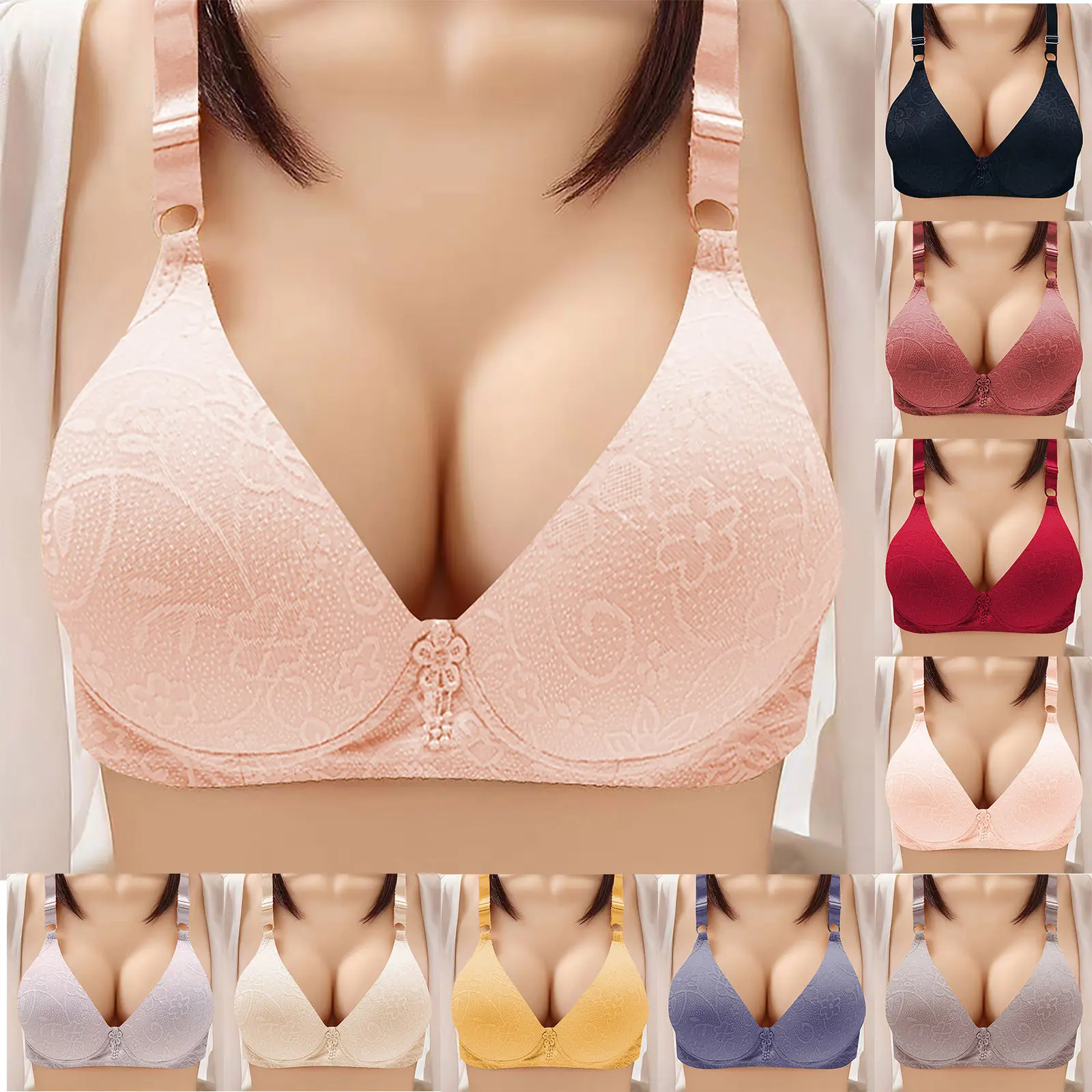 Women's Non Steel Ring Style Printed Gathered Middle Button Breathable Underwear Daily Bra V17