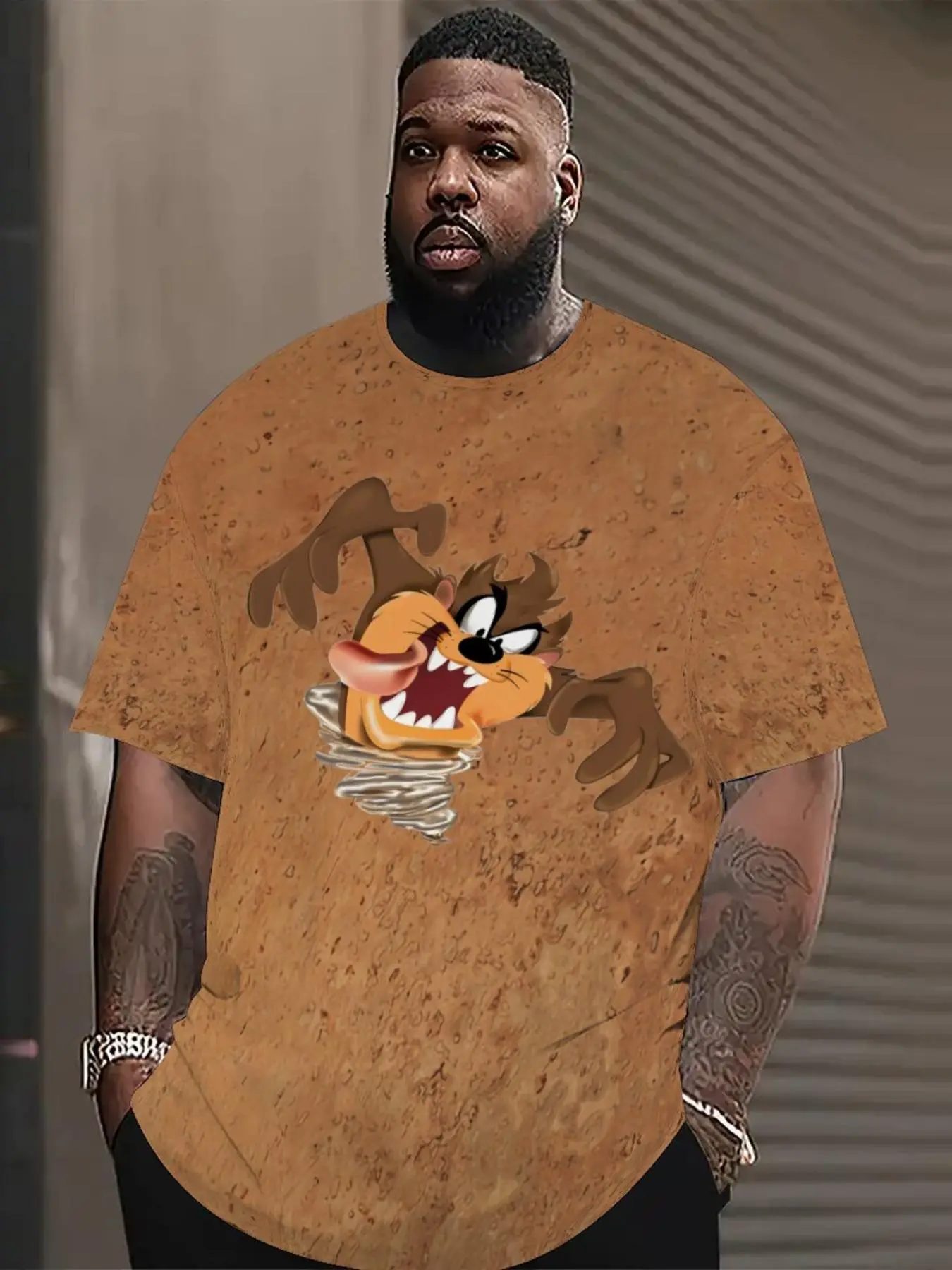 【Plus Size】 Men's Regular Fit Cartoon Bear Print Round Neck Tee, Casual Short Sleeve T-shirt for Daily Wear, Men's Plus Size Clothing for All Seasons