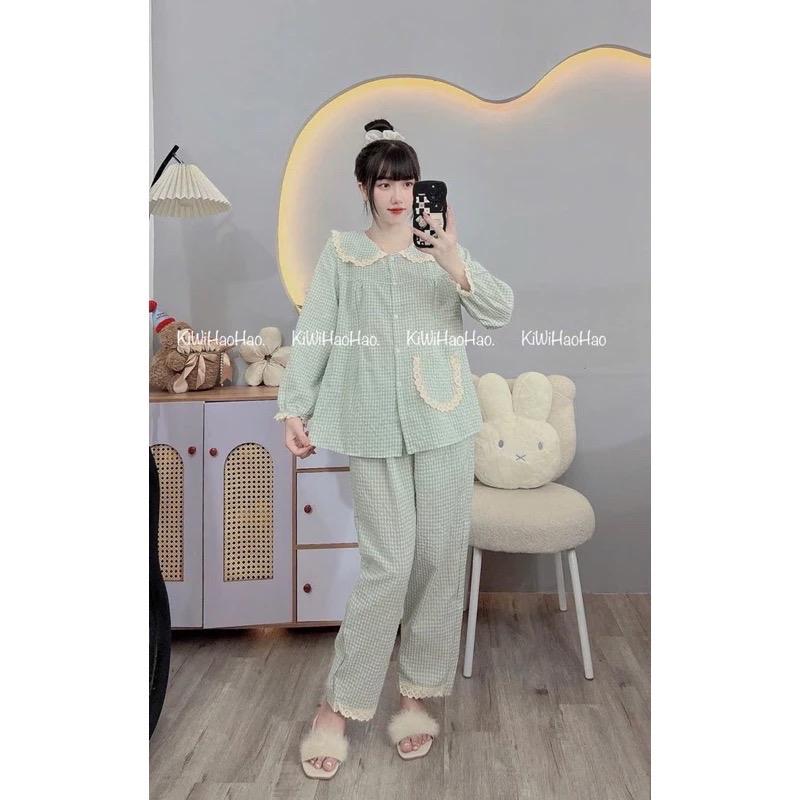 Bộ bầu bộ sau sinh - Bộ dài tay đũi kẻ xốp cổ sen viền ren 8