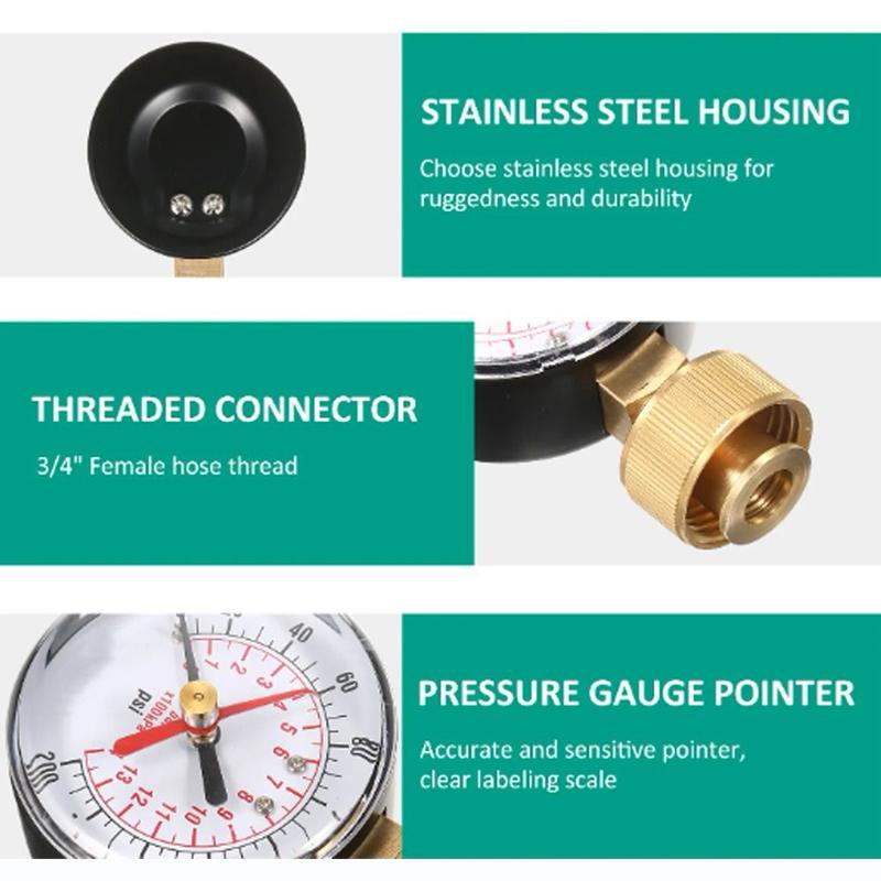 Stainless Steel Case 0-200 Psi Water Pressure Test Gauge 2.5" Dial Size 3/4" Female Thread Digital Display Manometer Dual Scale Dial Gauge House Tube 5