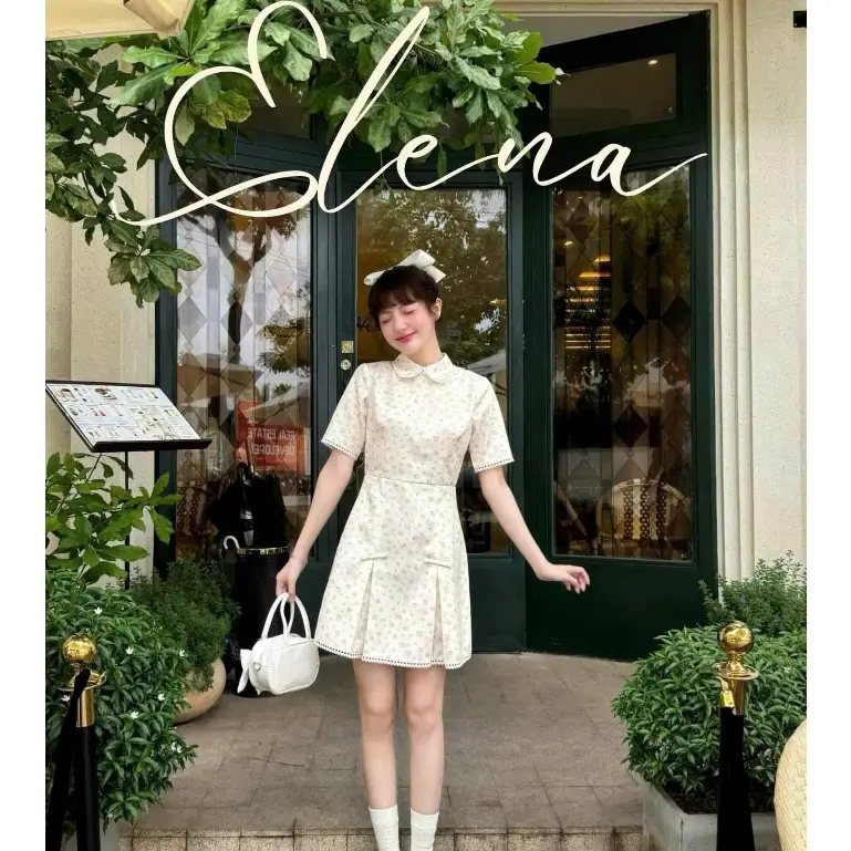 GERME | DESIGN Váy nữ Elena Dress họa tiết hoa cổ Đức tùng xếp đính nơ, Đầm dự tiệc vải kaki chéo đanh mềm VVNT082402