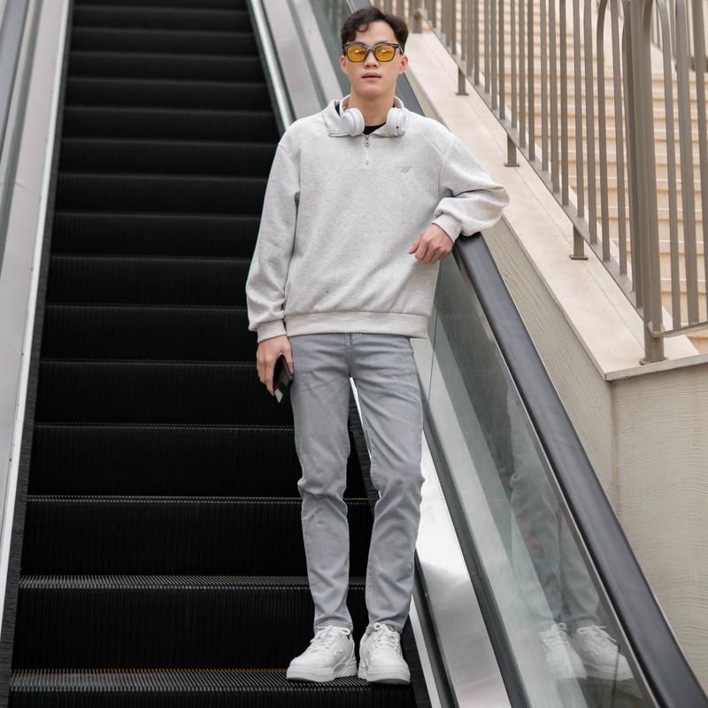 Quần jean nam rách gối slimfit gấu co giãn tốt màu xanh ghi nhạt chữ 361 dáng skinny cao cấp giá rẻ Menswear Có Túi Pants