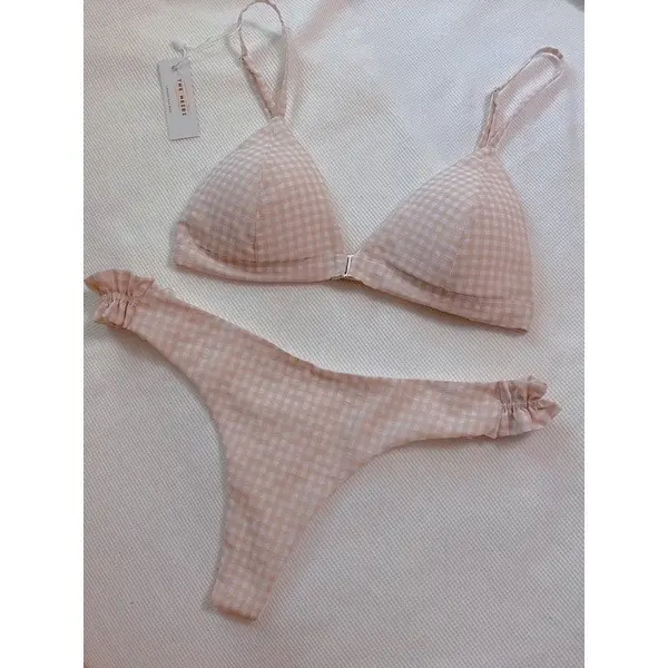 Set bộ đồ lót chất liệu thô cotton hoạ tiết caro tone be sữa không gọng mút mỏng cup áo che phủ 3/4 Độ phủ hoàn toàn 0