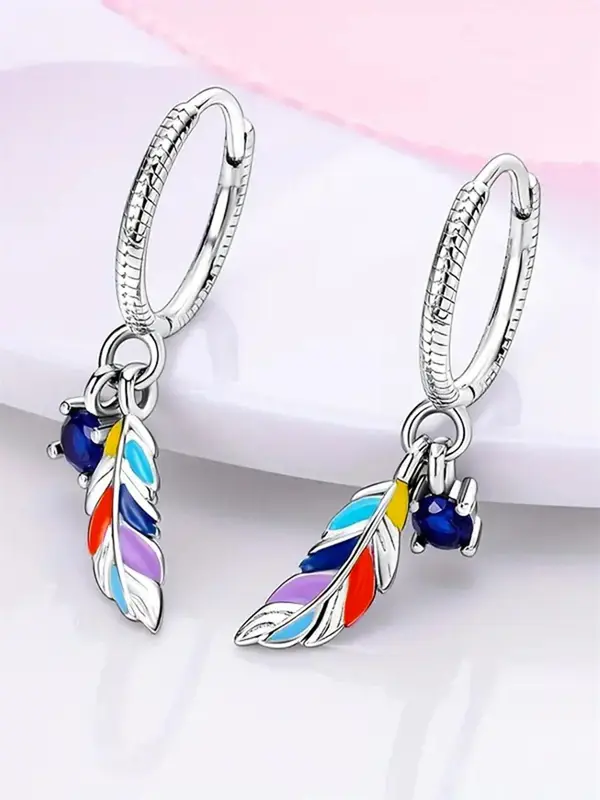 925 Sterling Silver Fashion Colorful Feather Design Earrings, Fashion Jewelry for Party, Daily Clothing Decor, Trendy All-match & Exquisite Jewelry for Gift 3