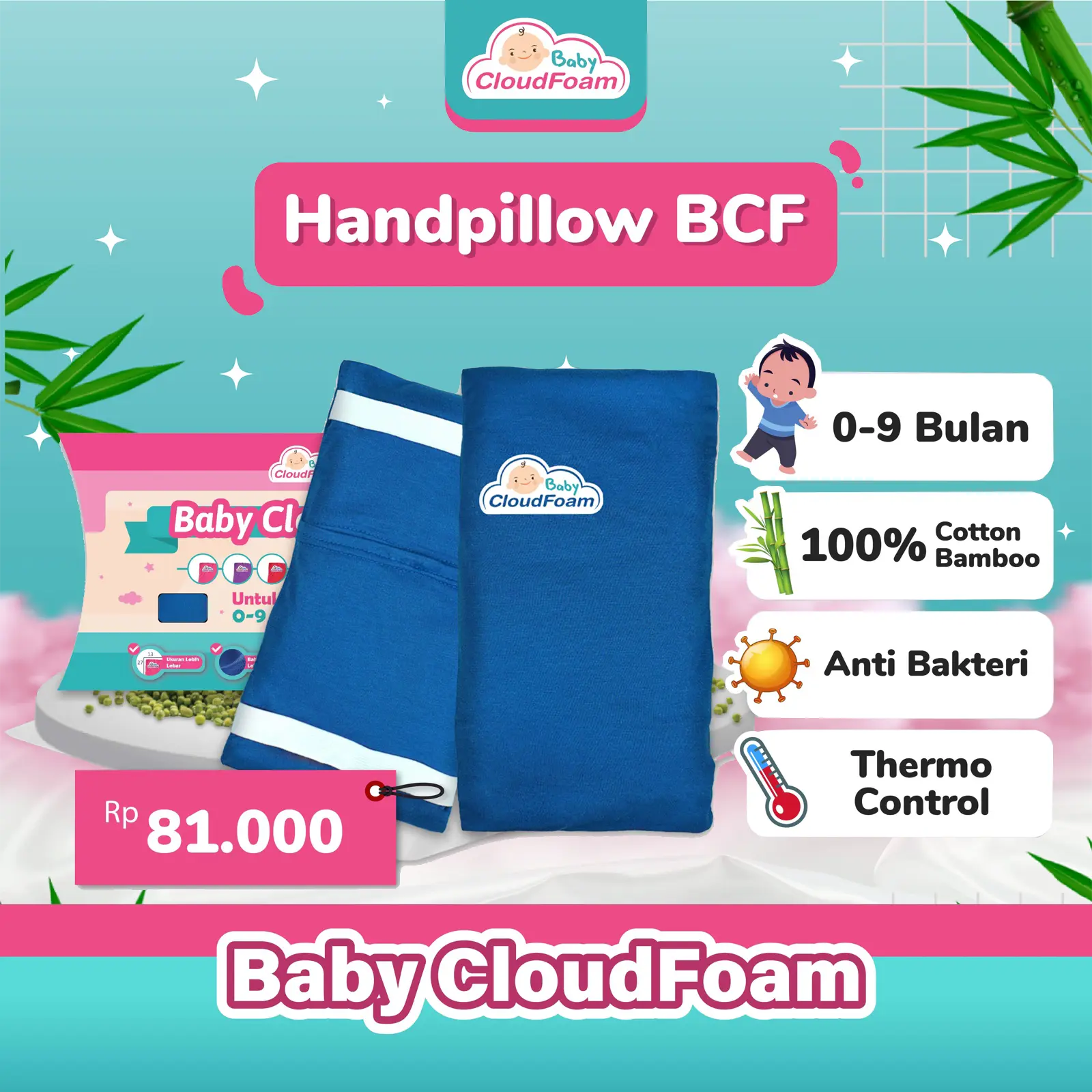 Baby Cloudfoam Handpillow Bantal Anti Peyang Bayi Cotton Bamboo Bunda Waterproof hand  pillow