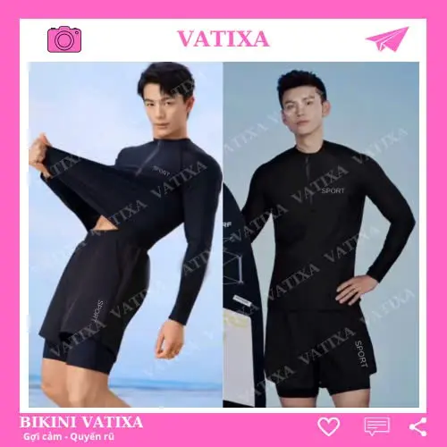 đồ bơi nam đi biển màu đen áo dài tay khóa kéo kín đáo quần đùi 2 lớp thể thao VATIXA BKN159